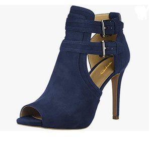 XYD Navy Suede Peep Toe High Heels Buckled Double Straps Cutout Ankle Boot